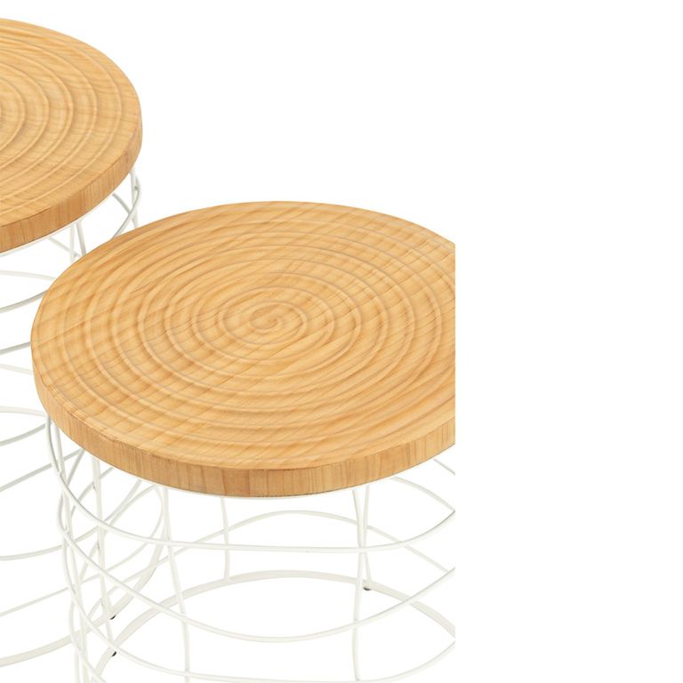 Carving Side Table - Round - Set of 2 - Natural and White - Pine Wood and Metal