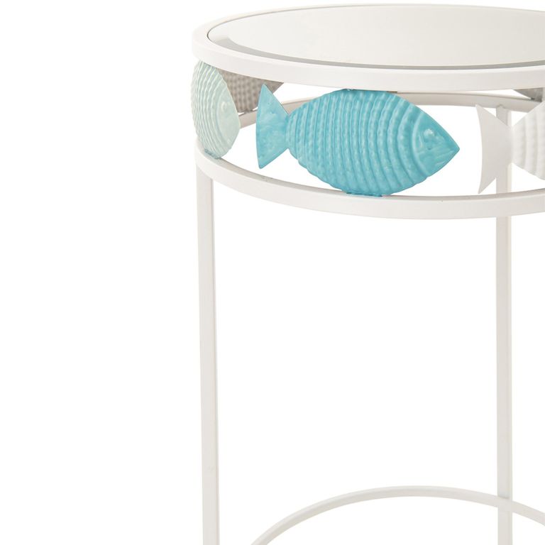 Fish Side Table - Round - Set of 2 - Light Blue and White - Glass and Metal