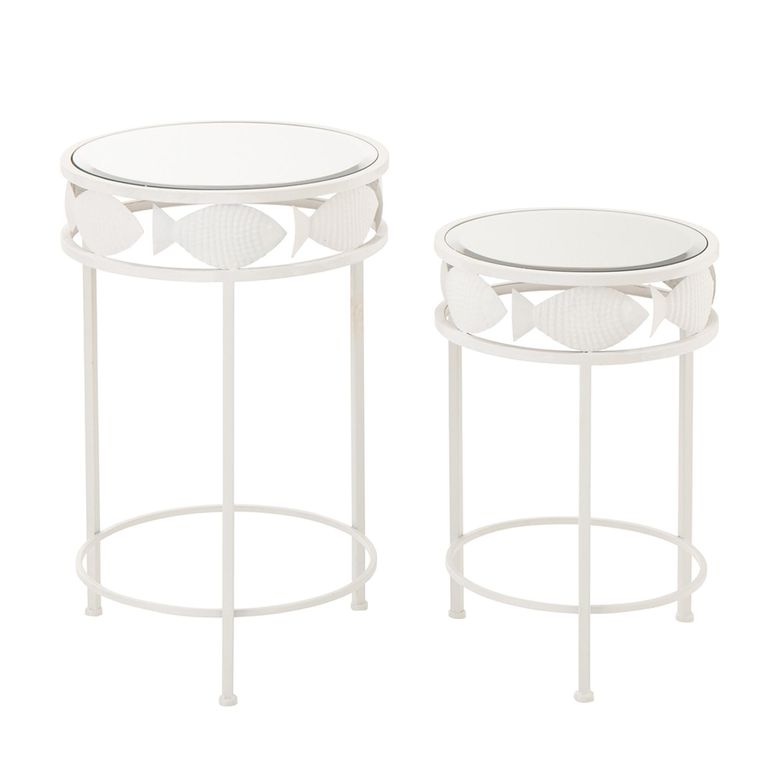 Fish Side Table - Round - Set of 2 - White - Glass and Metal