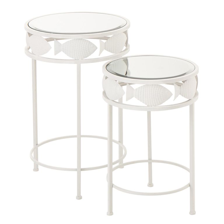 Fish Side Table - Round - Set of 2 - White - Glass and Metal