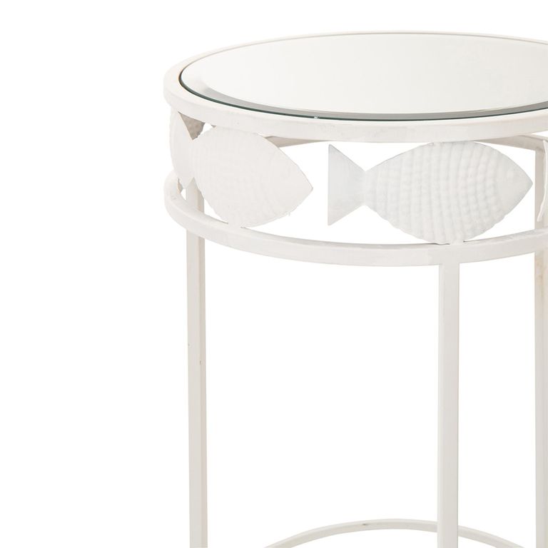 Fish Side Table - Round - Set of 2 - White - Glass and Metal