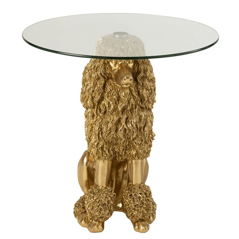 Poodle Accent Table - Round - Gold - Glass and Polyresin