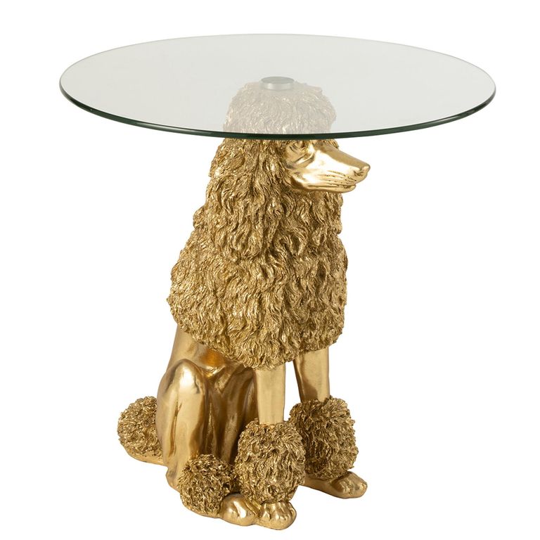 Poodle Accent Table - Round - Gold - Glass and Polyresin