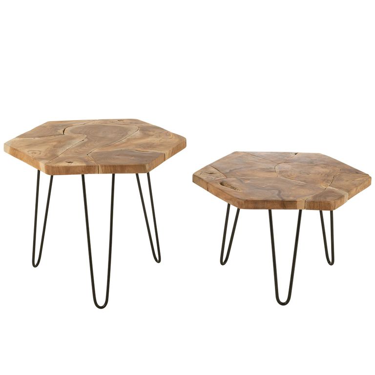 Side Table - Hexagon - Set of 2 - Hairpin Leg - Natural - Teak Wood and Metal