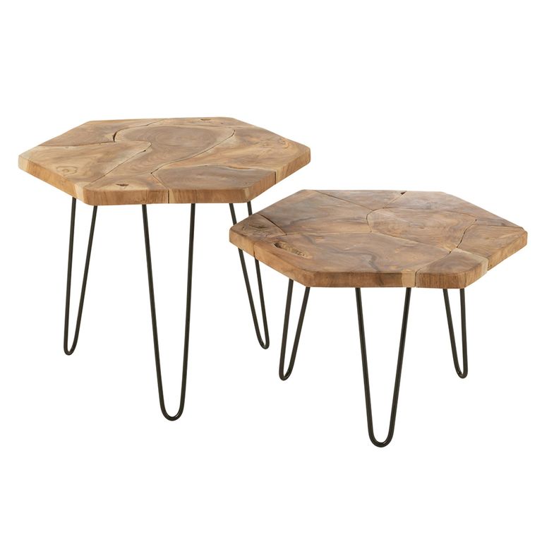 Side Table - Hexagon - Set of 2 - Hairpin Leg - Natural - Teak Wood and Metal