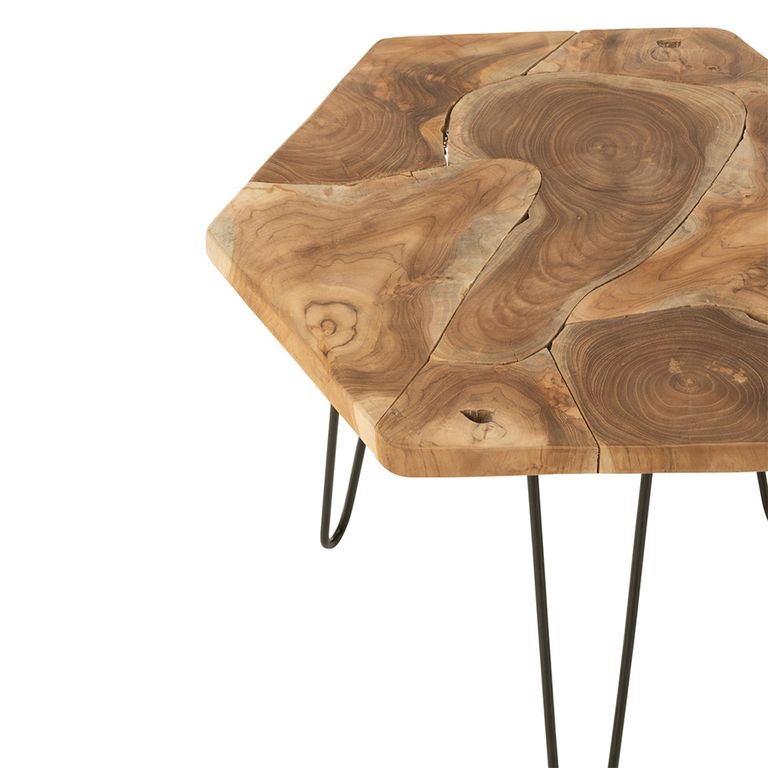 Side Table - Hexagon - Set of 2 - Hairpin Leg - Natural - Teak Wood and Metal