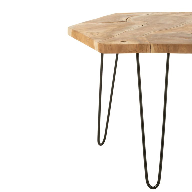 Side Table - Hexagon - Set of 2 - Hairpin Leg - Natural - Teak Wood and Metal