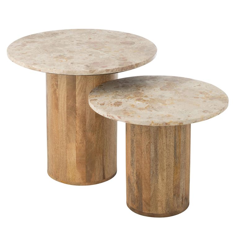 Side Table - Round - Set of 2 - Beige and Brown - Marble and Wood