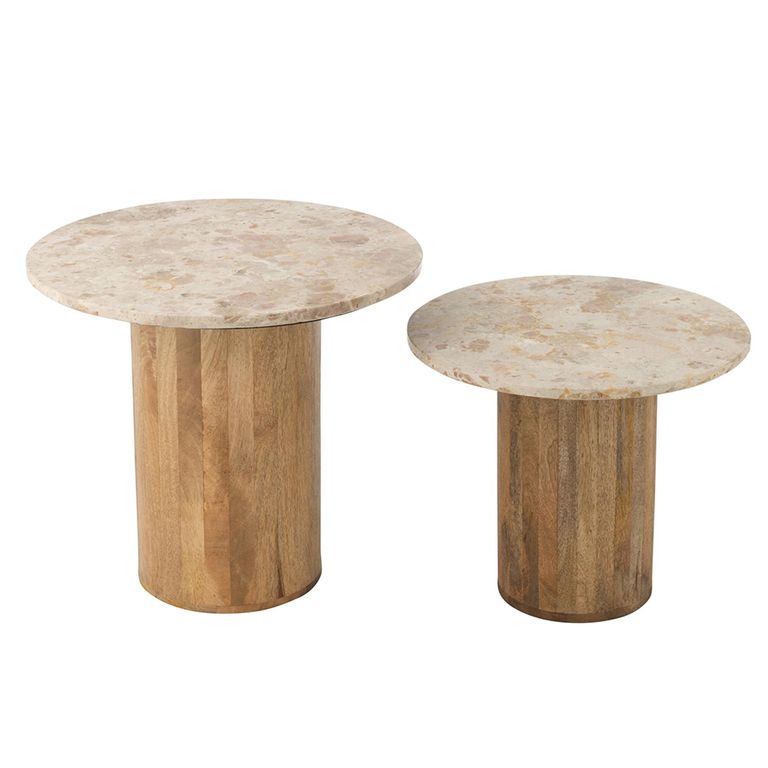 Side Table - Round - Set of 2 - Beige and Brown - Marble and Wood