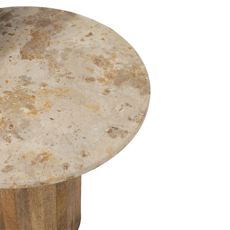 Side Table - Round - Set of 2 - Beige and Brown - Marble and Wood