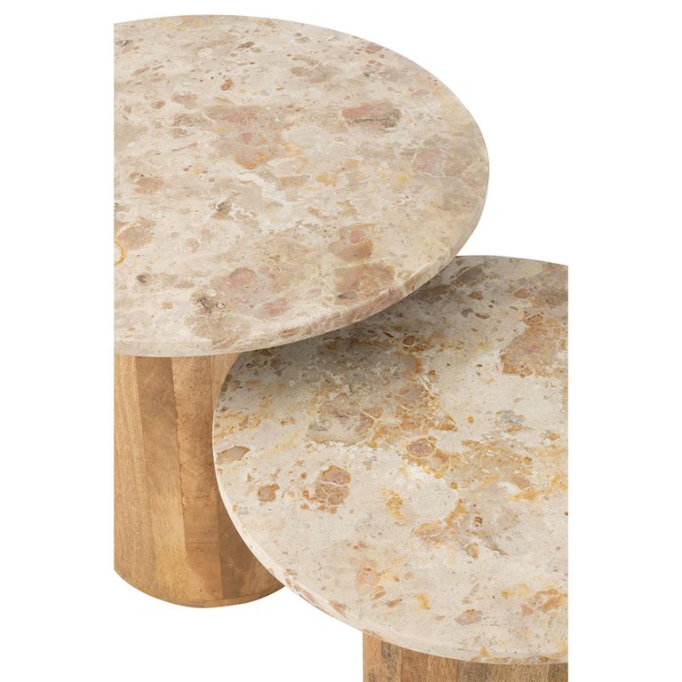Side Table - Round - Set of 2 - Beige and Brown - Marble and Wood