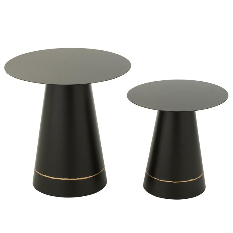 Side Table - Round - Set of 2 - Cone Base - Black and Gold - Metal