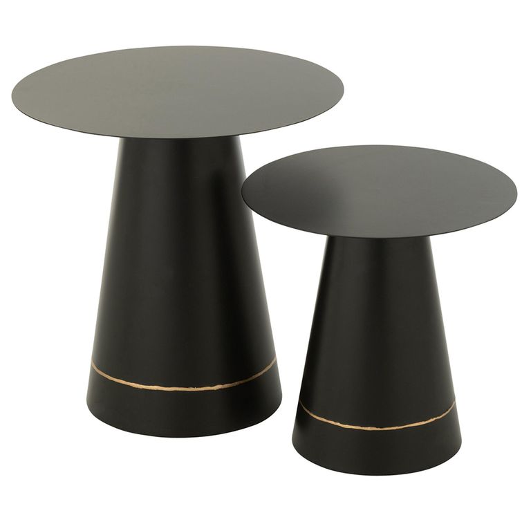 Side Table - Round - Set of 2 - Cone Base - Black and Gold - Metal