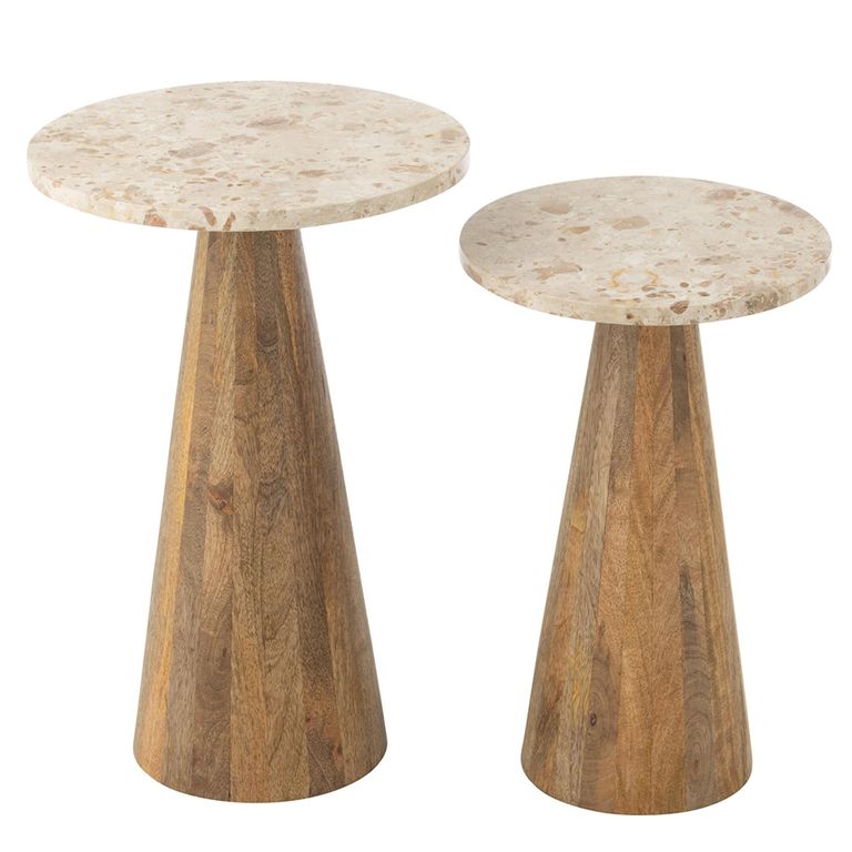 Side Table - Round - Set of 2 - Conical Base - Beige and Brown - Marble and Wood