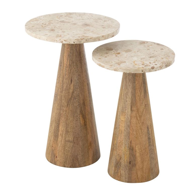 Side Table - Round - Set of 2 - Conical Base - Beige and Brown - Marble and Wood