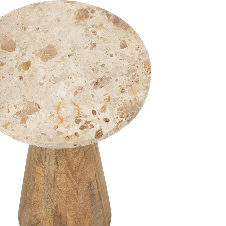 Side Table - Round - Set of 2 - Conical Base - Beige and Brown - Marble and Wood