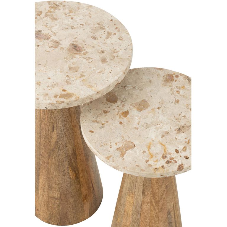 Side Table - Round - Set of 2 - Conical Base - Beige and Brown - Marble and Wood