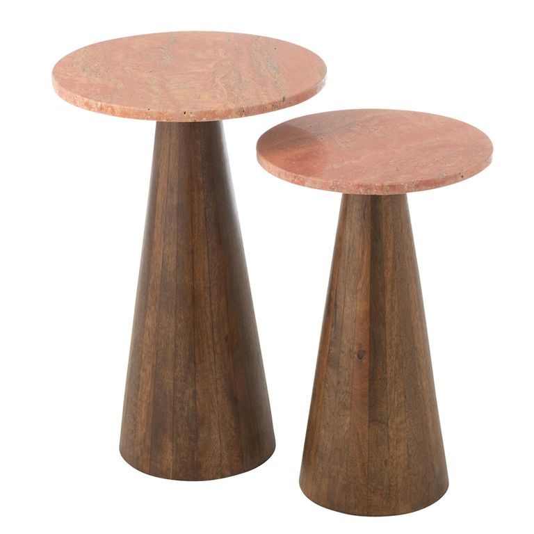 Side Table - Round - Set of 2 - Conical Base - Terracotta and Dark Brown - Marble and Wood