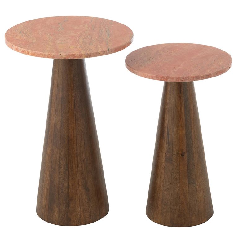 Side Table - Round - Set of 2 - Conical Base - Terracotta and Dark Brown - Marble and Wood