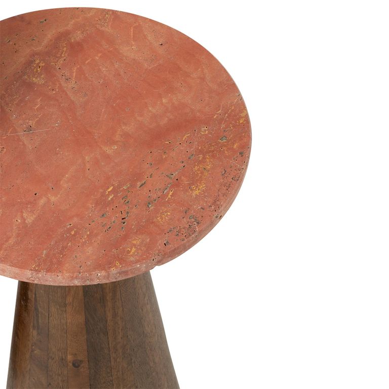 Side Table - Round - Set of 2 - Conical Base - Terracotta and Dark Brown - Marble and Wood