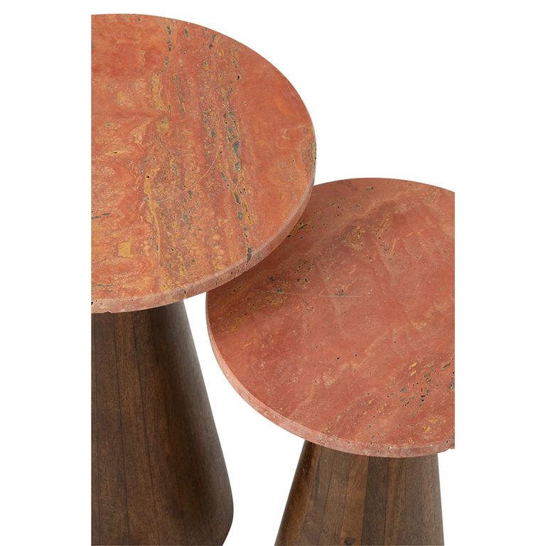 Side Table - Round - Set of 2 - Conical Base - Terracotta and Dark Brown - Marble and Wood
