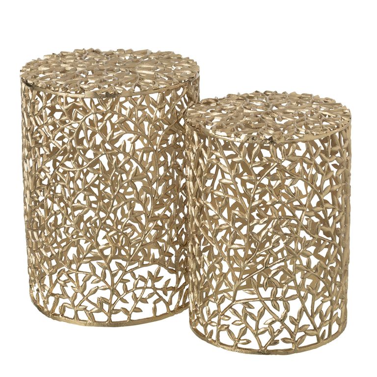 Side Table - Round - Set of 2 - Gold Fretwork - Aluminium
