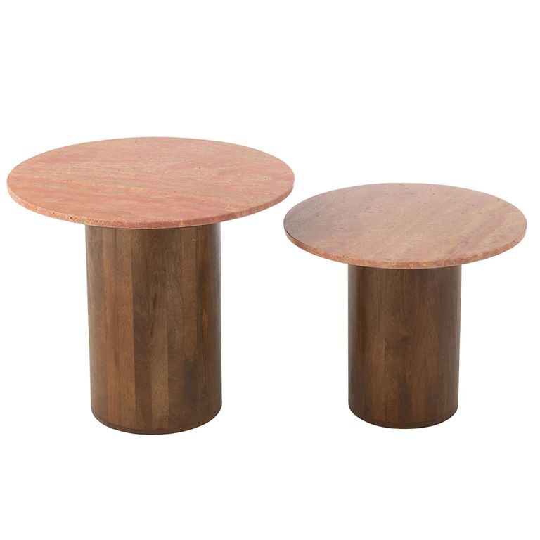 Side Table - Round - Set of 2 - Terracotta and Brown - Marble and Wood