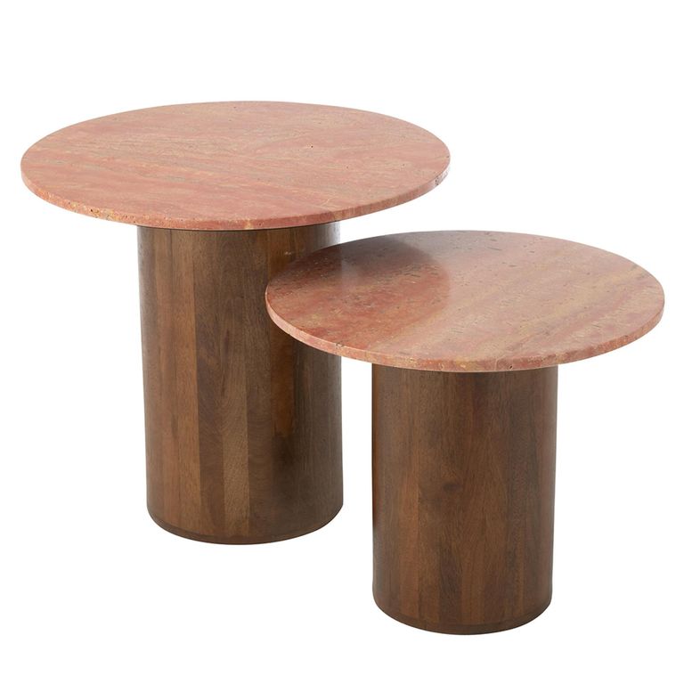 Side Table - Round - Set of 2 - Terracotta and Brown - Marble and Wood