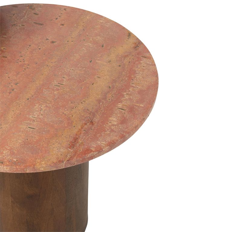 Side Table - Round - Set of 2 - Terracotta and Brown - Marble and Wood