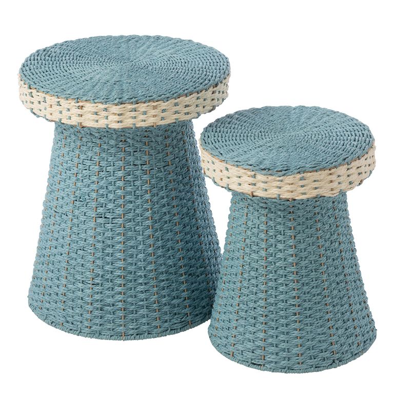 Side Table - Round - Set of 2 - Woven Design - Light Blue and White