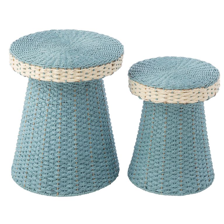 Side Table - Round - Set of 2 - Woven Design - Light Blue and White
