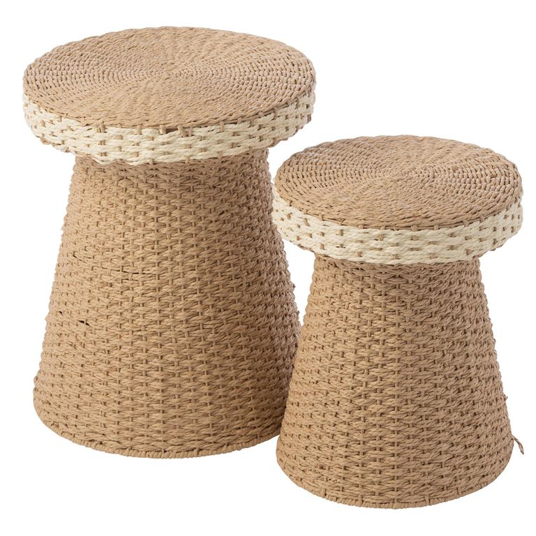 Side Table - Round - Set of 2 - Woven Design - Natural and White