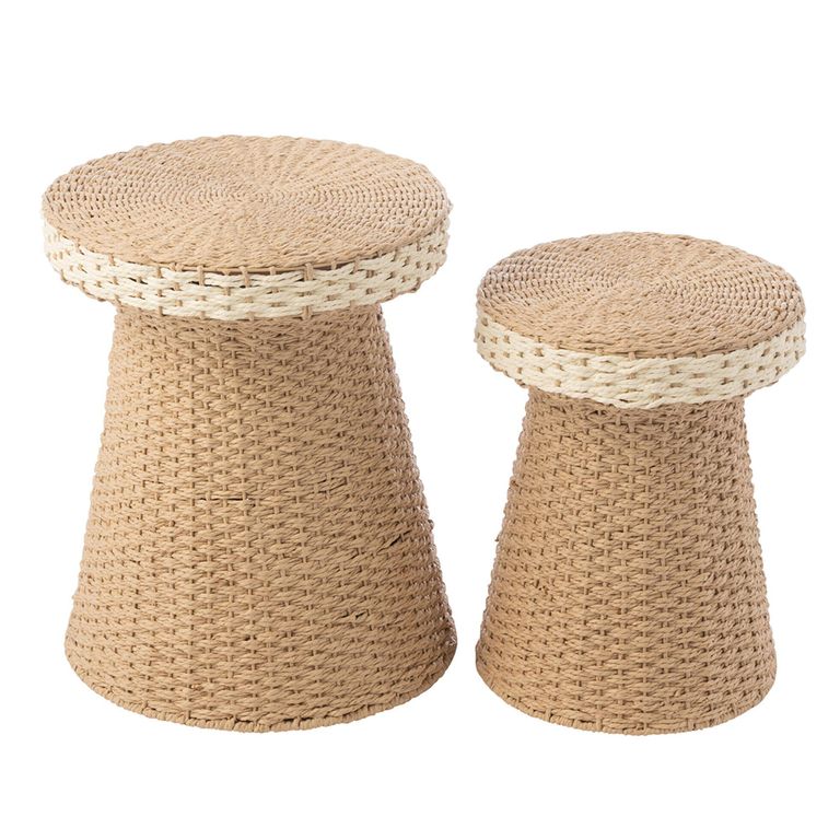 Side Table - Round - Set of 2 - Woven Design - Natural and White