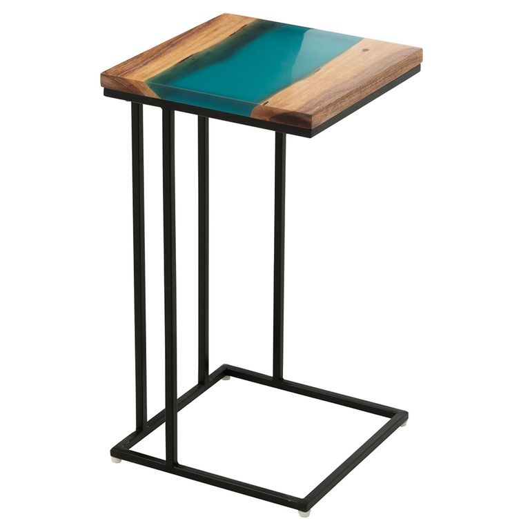 Side Table - Square - Natural and Blue - Acacia Wood and Metal