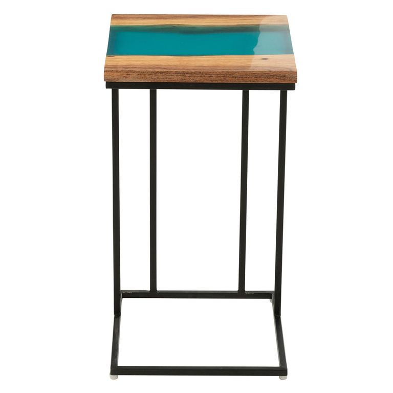 Side Table - Square - Natural and Blue - Acacia Wood and Metal