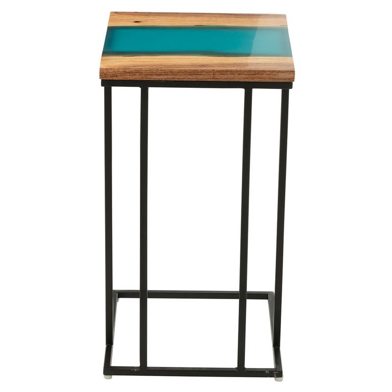 Side Table - Square - Natural and Blue - Acacia Wood and Metal