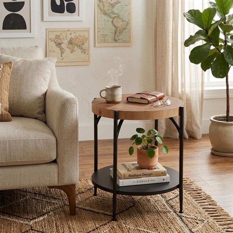 Bio Side Table - Round - Natural and Black - Wood and Metal