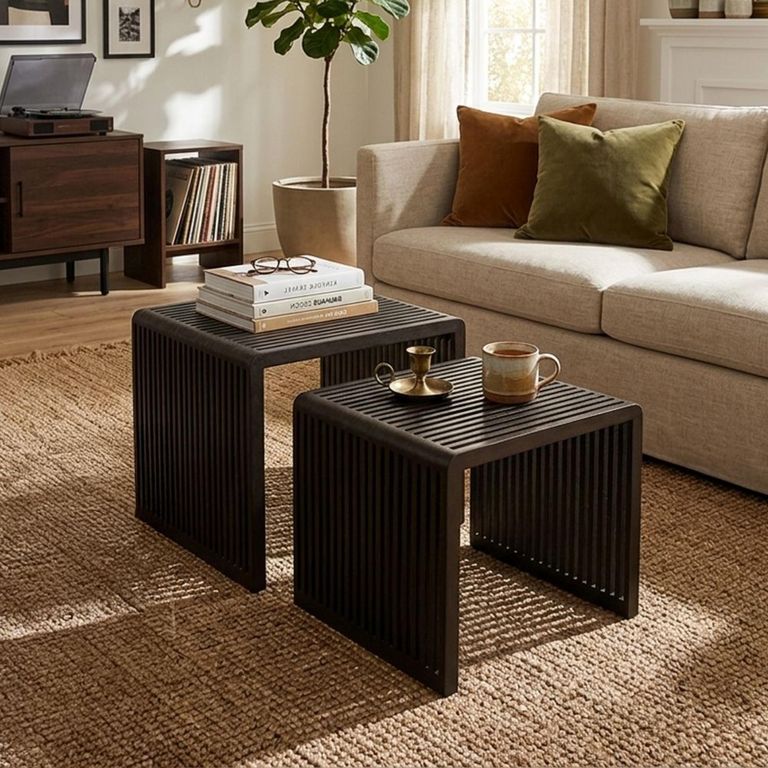 Cubic Side Table - 2 Tier - Slatted - Black - Recycle Teak Wood