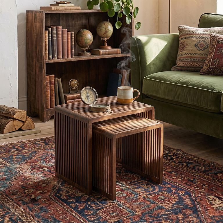 Cubic Side Table - 2 Tier - Slatted - Natural - Recycle Teak Wood