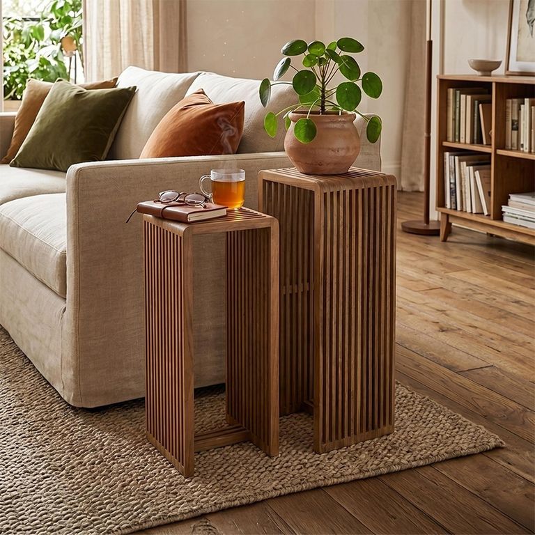 Cubic Side Table - 2 Tier - Slatted - Tall - Natural - Recycle Teak Wood