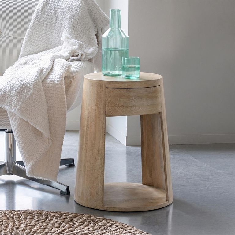 Drawn Side Table - 1 Drawer - Round - Natural - Mango Wood