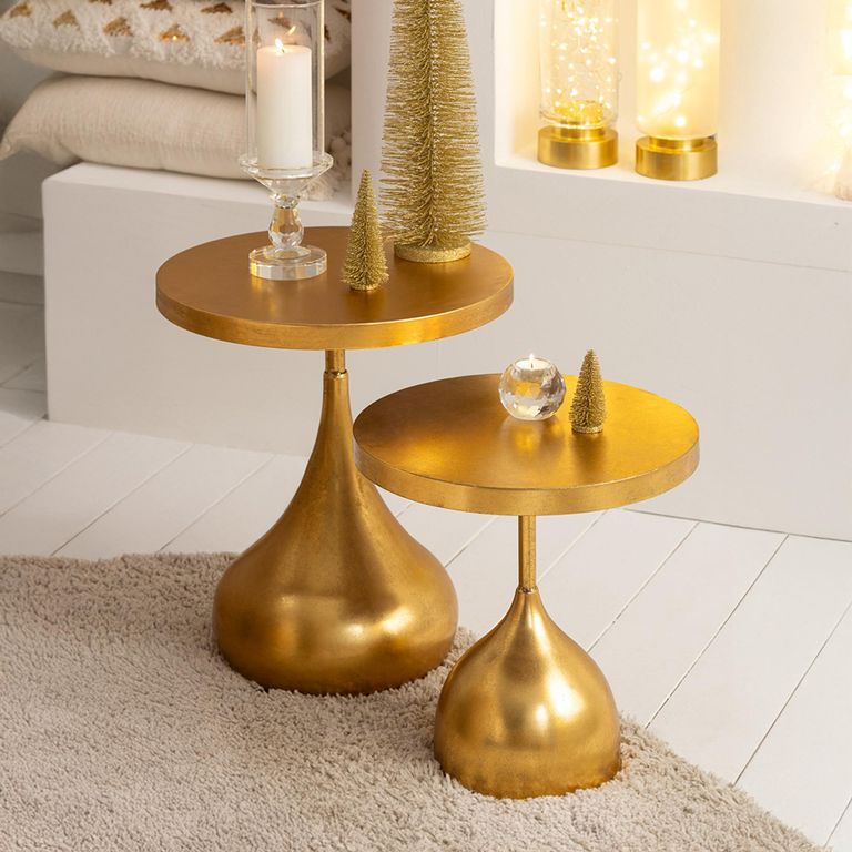 Drop Accent Table - Round - Set of 2 - Gold - Metal