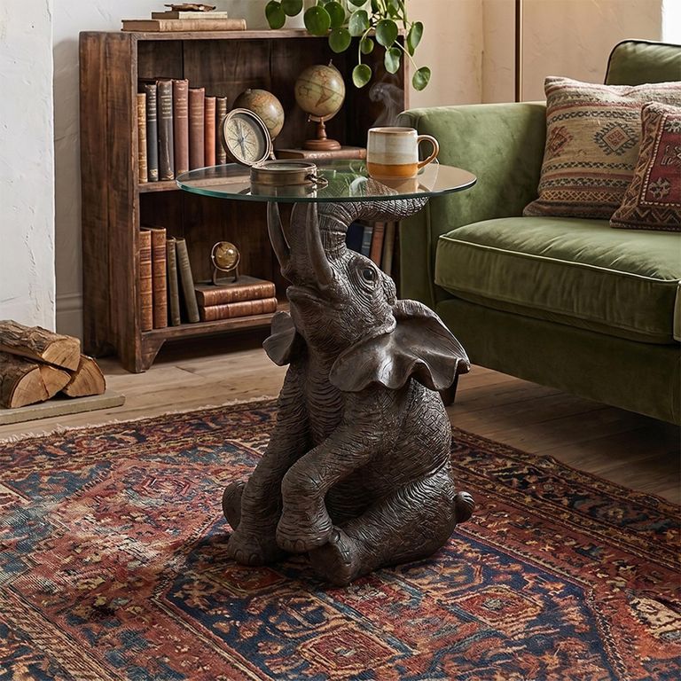 Elephant Accent Table - Round - Dark Brown - Glass and Polyresin