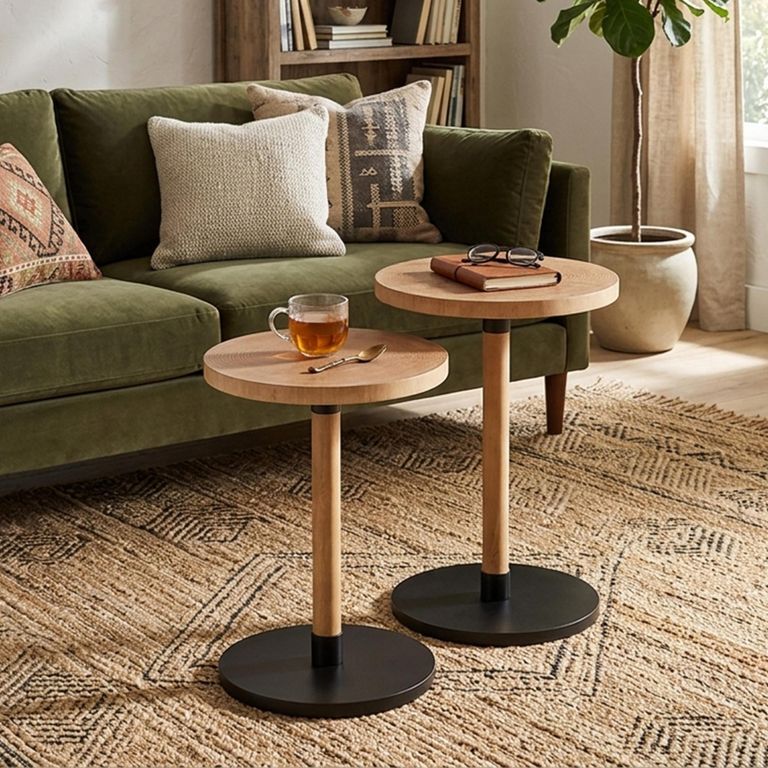 Ron Side Table - Round - Set of 2 - Natural and Black - Pinewood