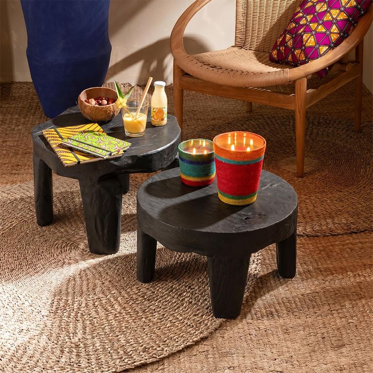 Accent Table - Round - Set of 2 - Black - Teak Wood
