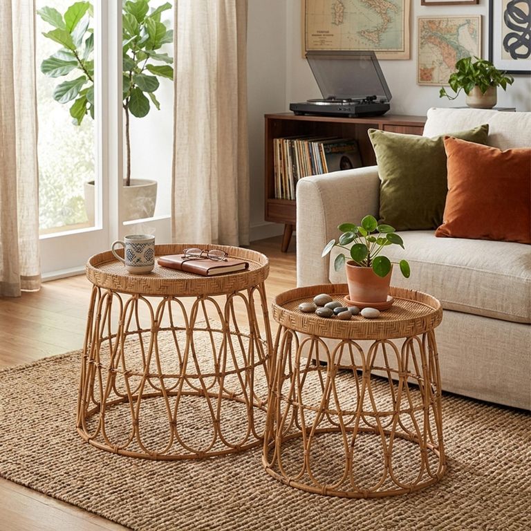 Side Table - Round - Set of 2 - Natural - Rattan and Plywood