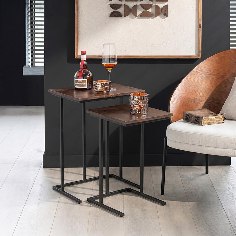 Side Table - 2 Tier - Brown and Black - Mango Wood and Metal