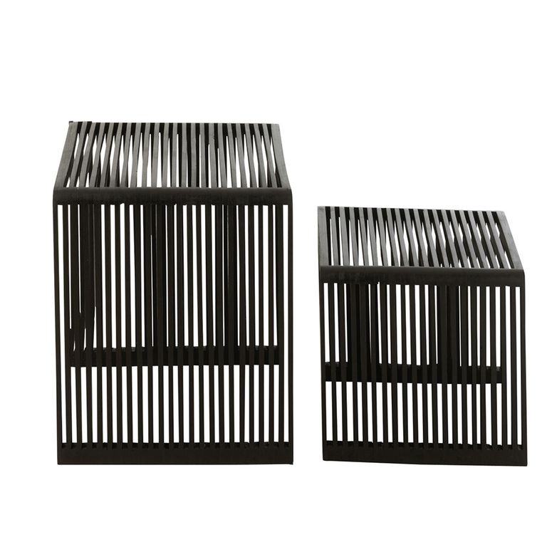 Cubic Side Table - 2 Tier - Slatted - Black - Recycle Teak Wood