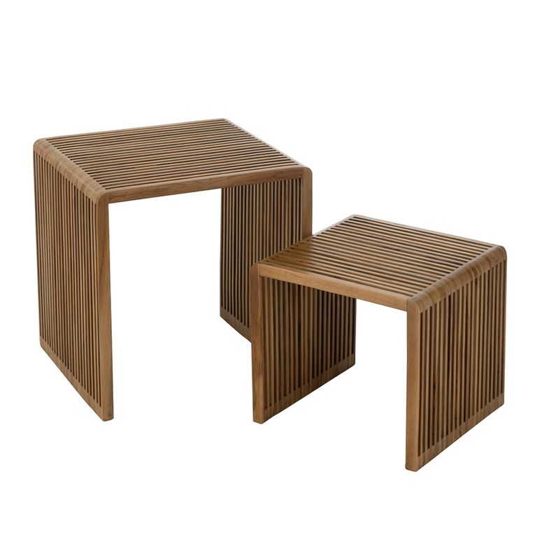 Cubic Side Table - 2 Tier - Slatted - Natural - Recycle Teak Wood