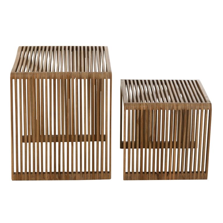 Cubic Side Table - 2 Tier - Slatted - Natural - Recycle Teak Wood
